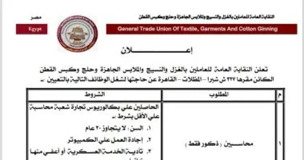 إعلان نقابة الغزل والنسيج عن وظائف