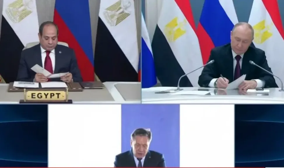 الرئيس السيسي وبوتين خلال مراسم وضع هيكل الاحتواء للوحدة الأولى بمفاعل محطة الضبعة