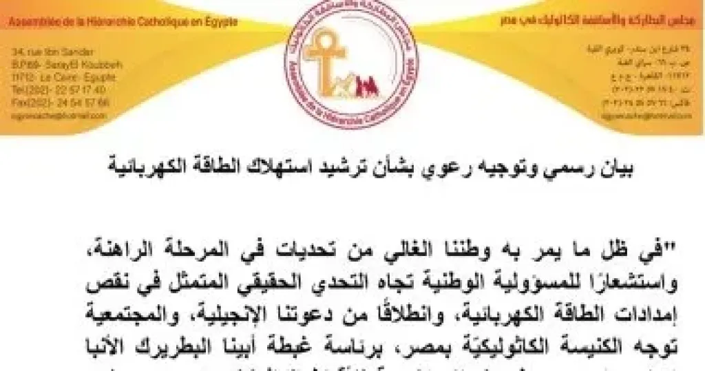 بطريرك الأقباط الكاثوليك يدعو لترشيد الكهرباء