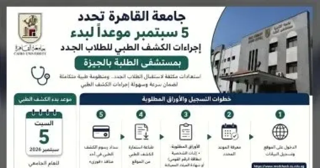 جامعة القاهرة تحدد موعد اجراءات الكشف الطبى للطلاب الجدد