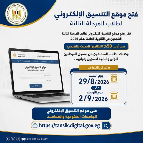 التعليم العالي: بدء تسجيل رغبات المرحلة الثالثة غدًا بحد أدنى 50%