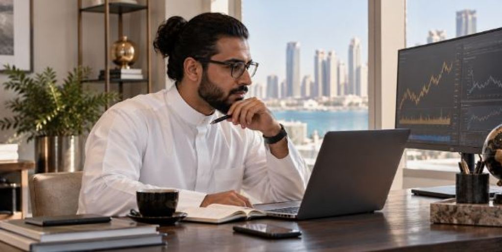 رجل يتابع بيانات مالية على شاشات في مكتب حديث